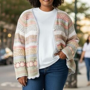 Vintage Crochet Cardigan Cottagecore Granny Chic Pastel 14P XXL